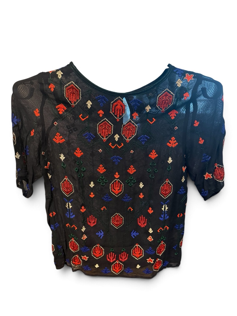 Lucky Brand Black Mesh Top with Multicolor Embroidery